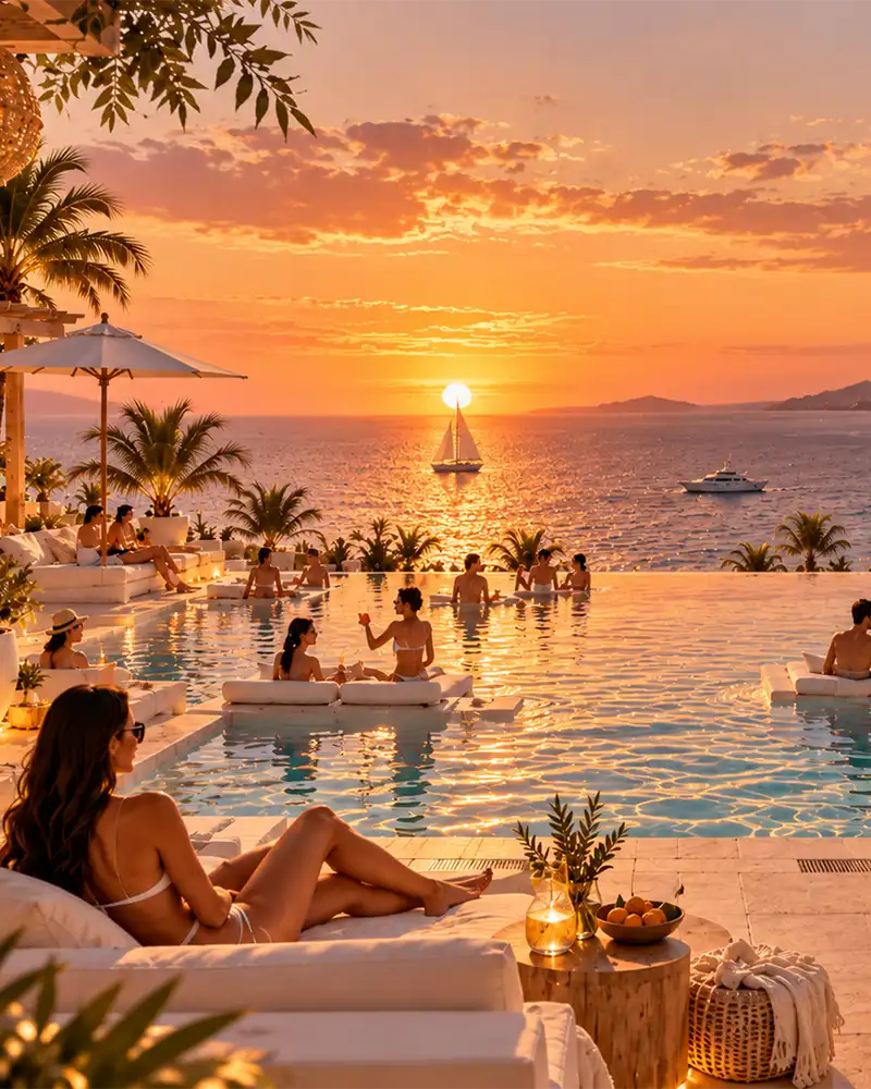 Guests on daybeds beside the infinity pool at sunset