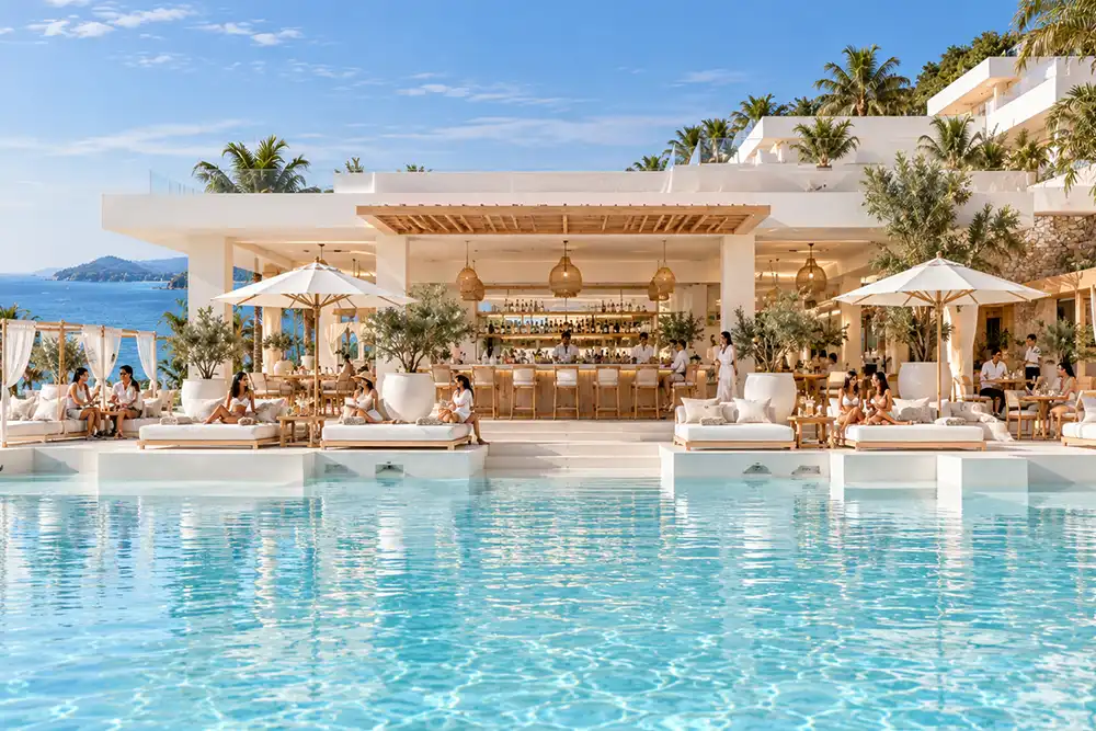 The signature bar and poolside daybeds under a clear sky