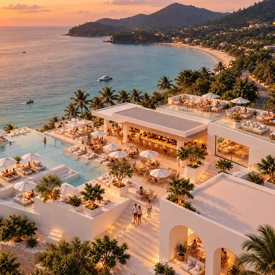 Aerial view of NARR Beach Club above the bay at golden hour