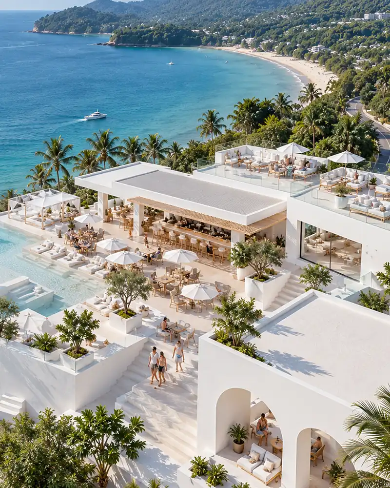 Hillside terraces and pool overlooking the Andaman Sea