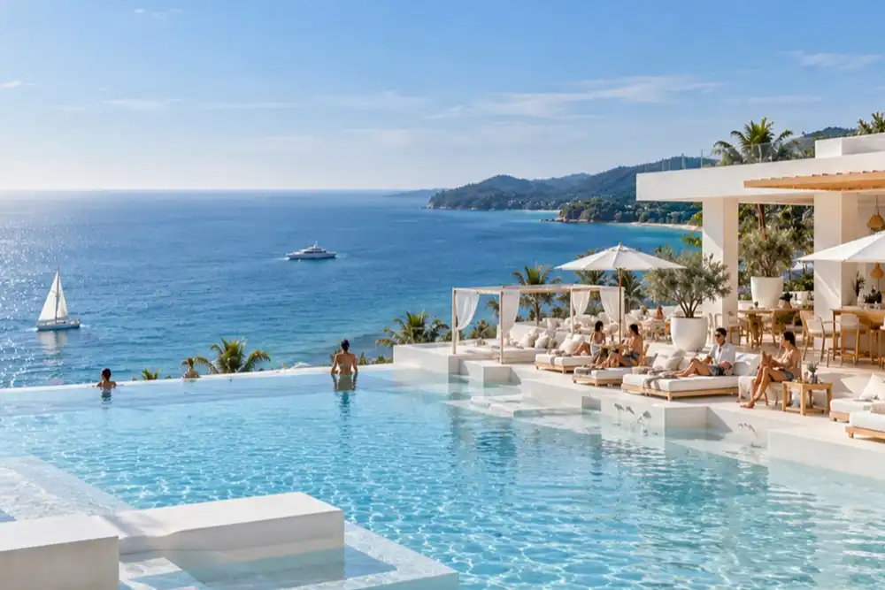 Infinity pool and cabanas facing the sea