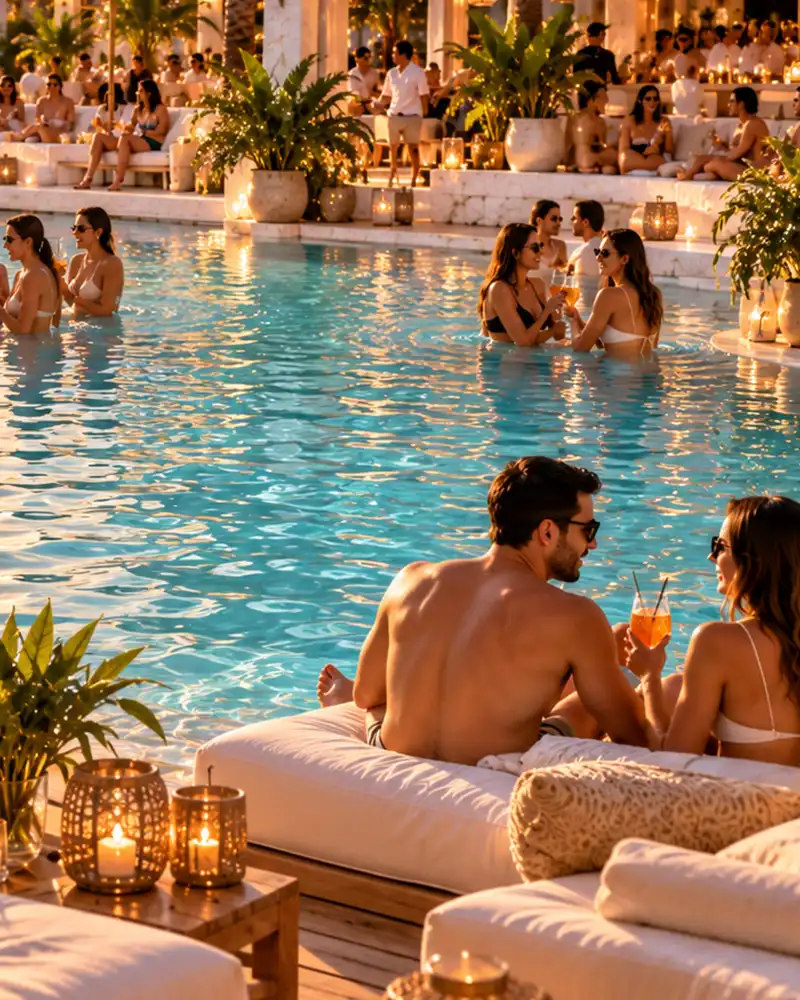 Guests with cocktails by the candle-lit pool