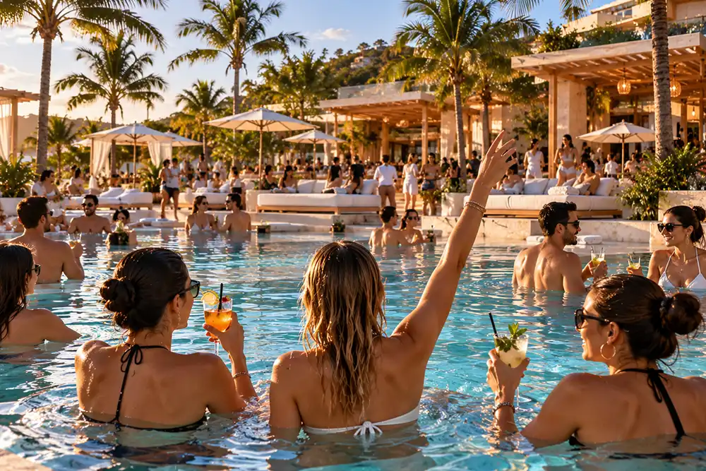 Pool party with drinks under the palm trees