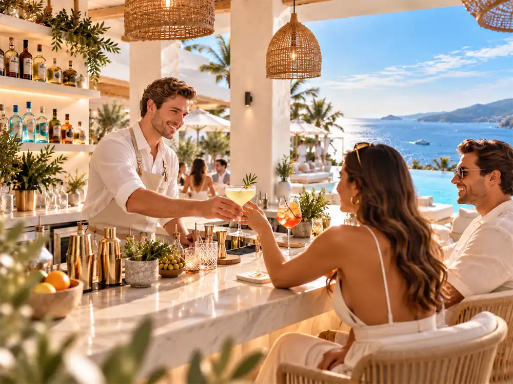 A bartender serving cocktails at the sea-view bar