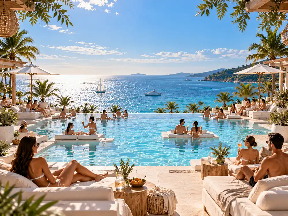 Poolside daybeds and the infinity pool facing the sea