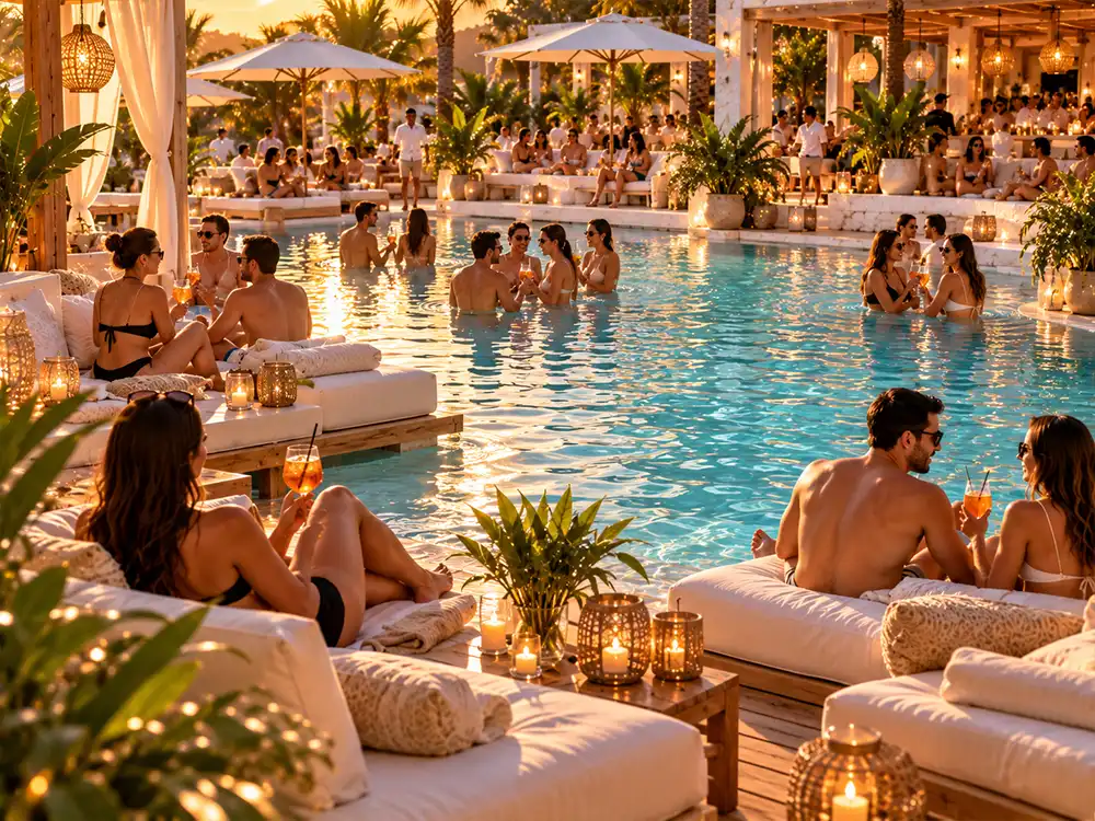 Guests with drinks around the pool at golden hour