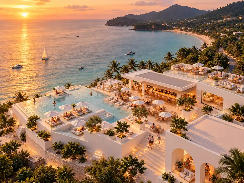Aerial view of the club terraces above the bay at sunset