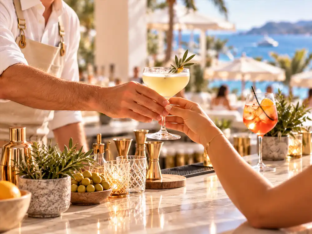 A signature cocktail handed across the bar