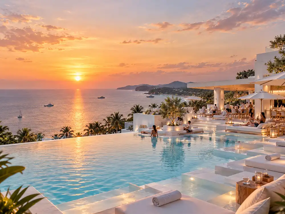 Sunset over the infinity pool terrace