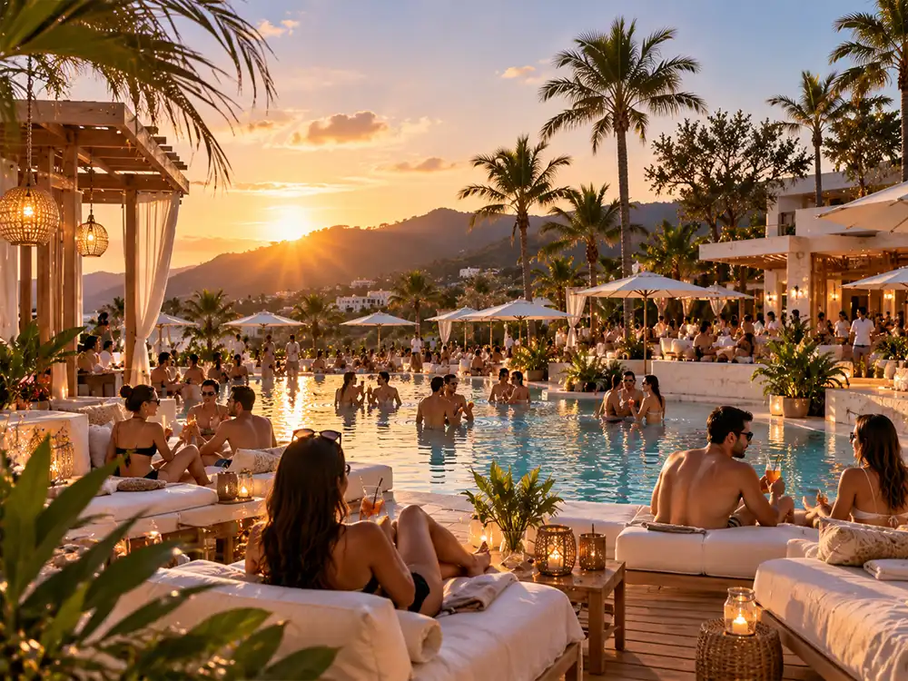 Evening pool party beneath the palms