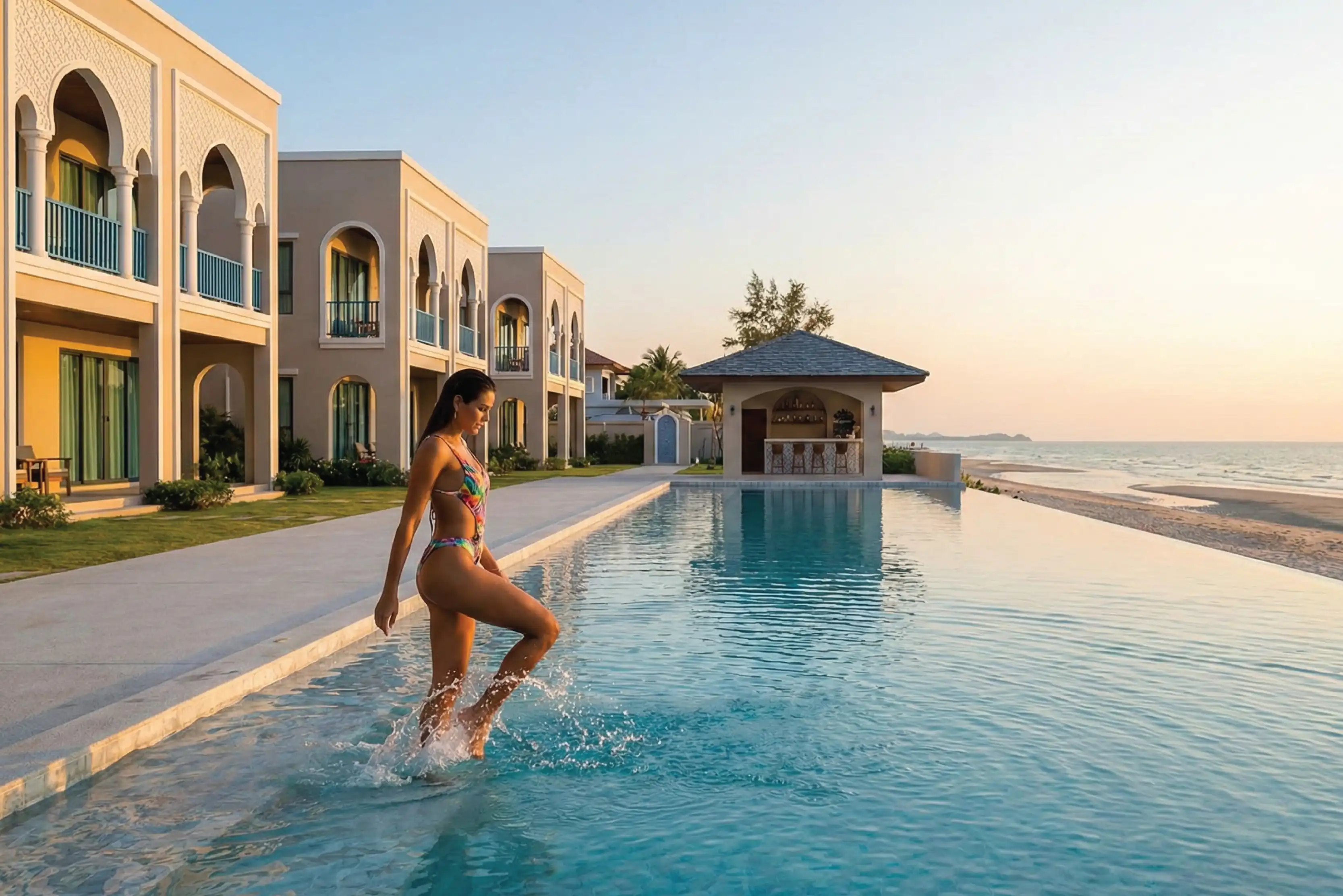 Guest stepping into the infinity pool at sunset