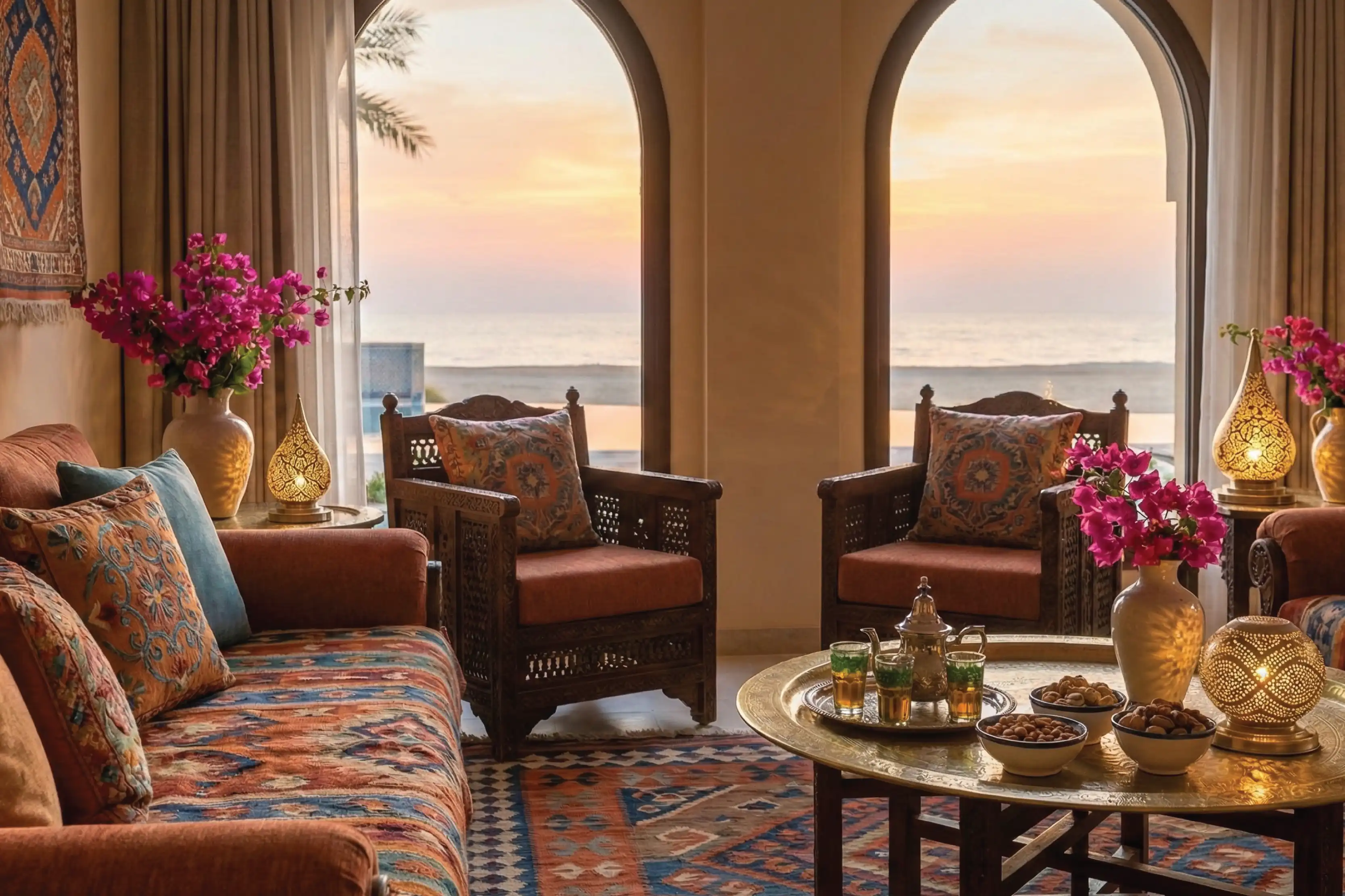 Moroccan-style lounge with arched sea-view windows