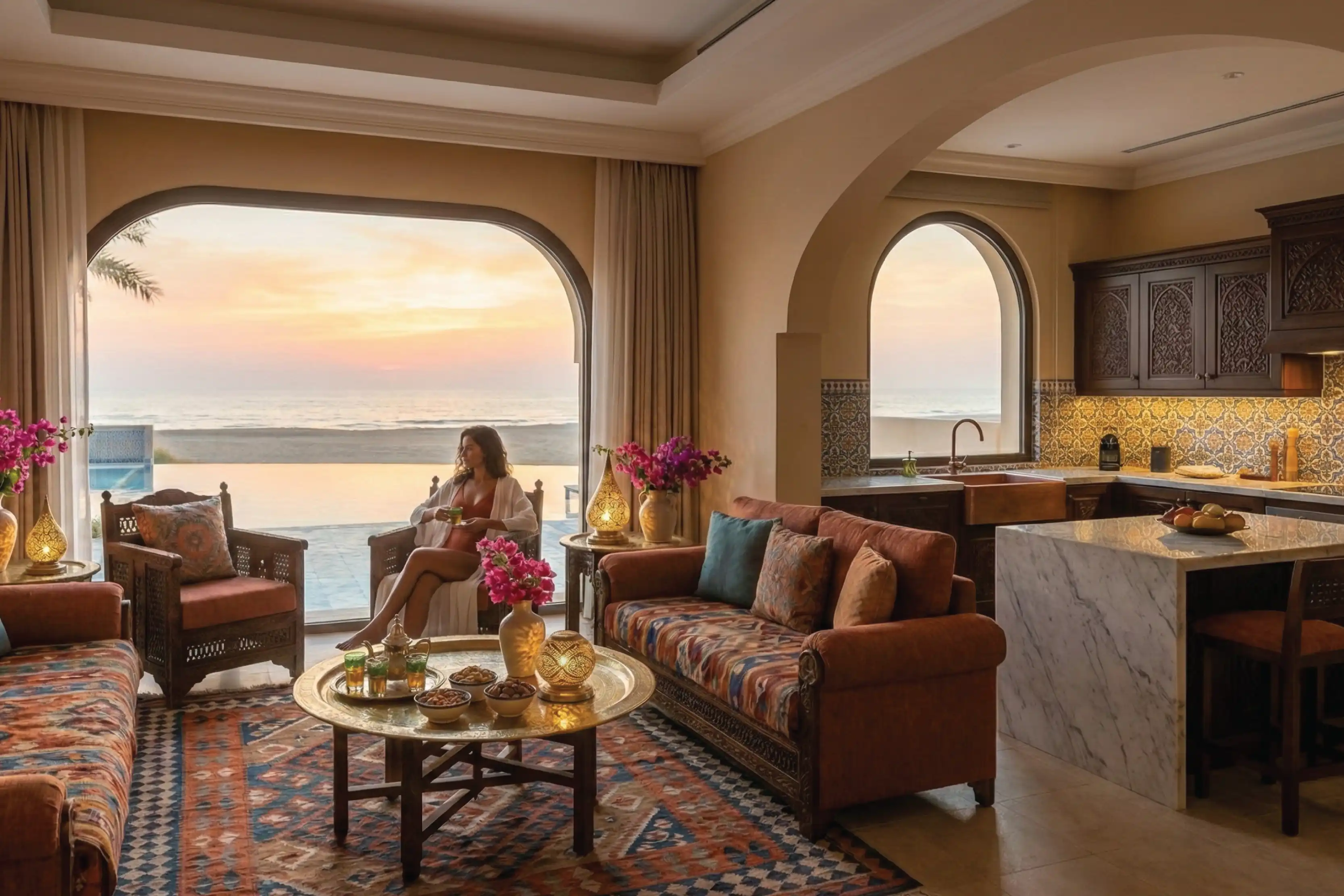 Open living room and kitchen facing the sunset