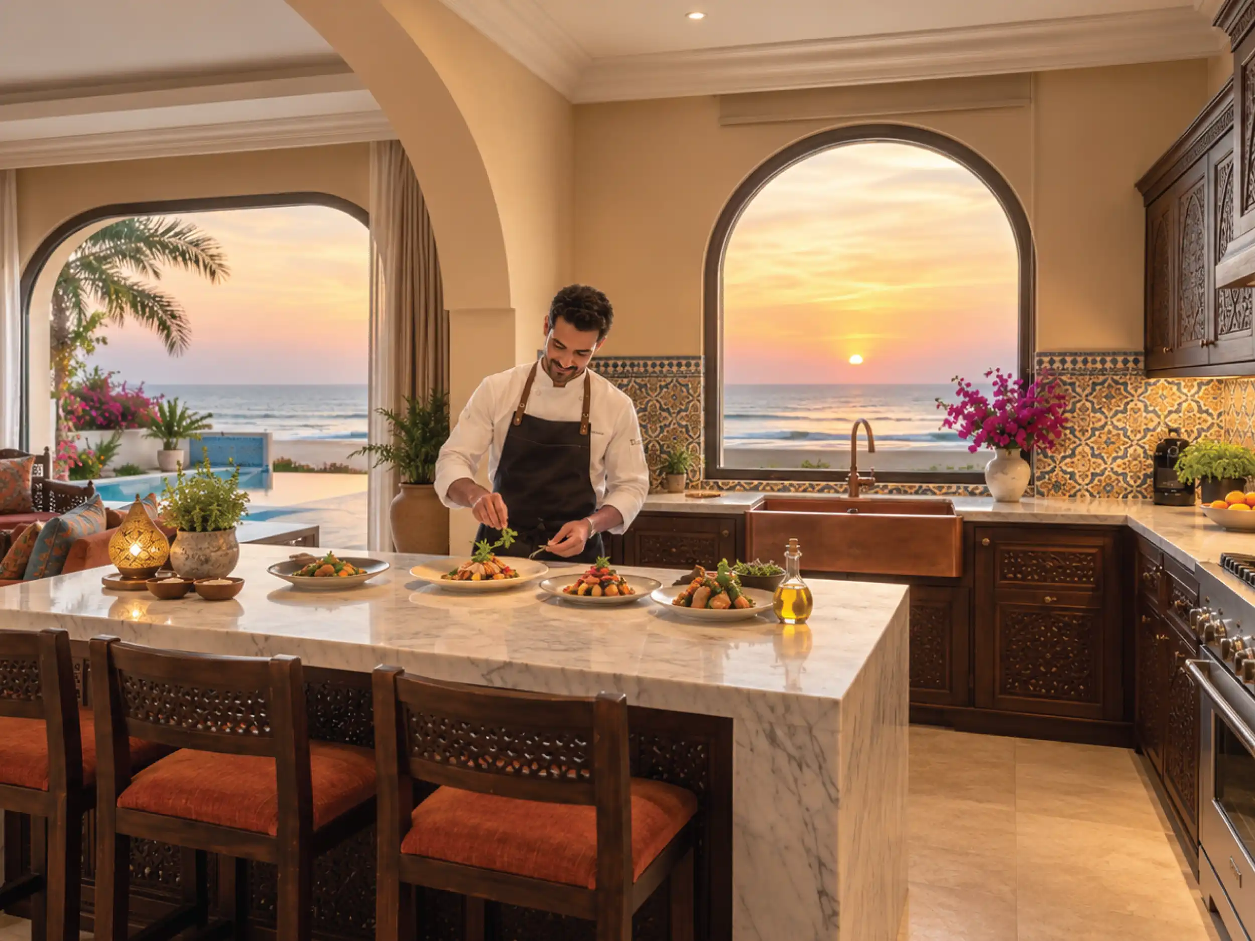 Private chef preparing dinner in the villa kitchen